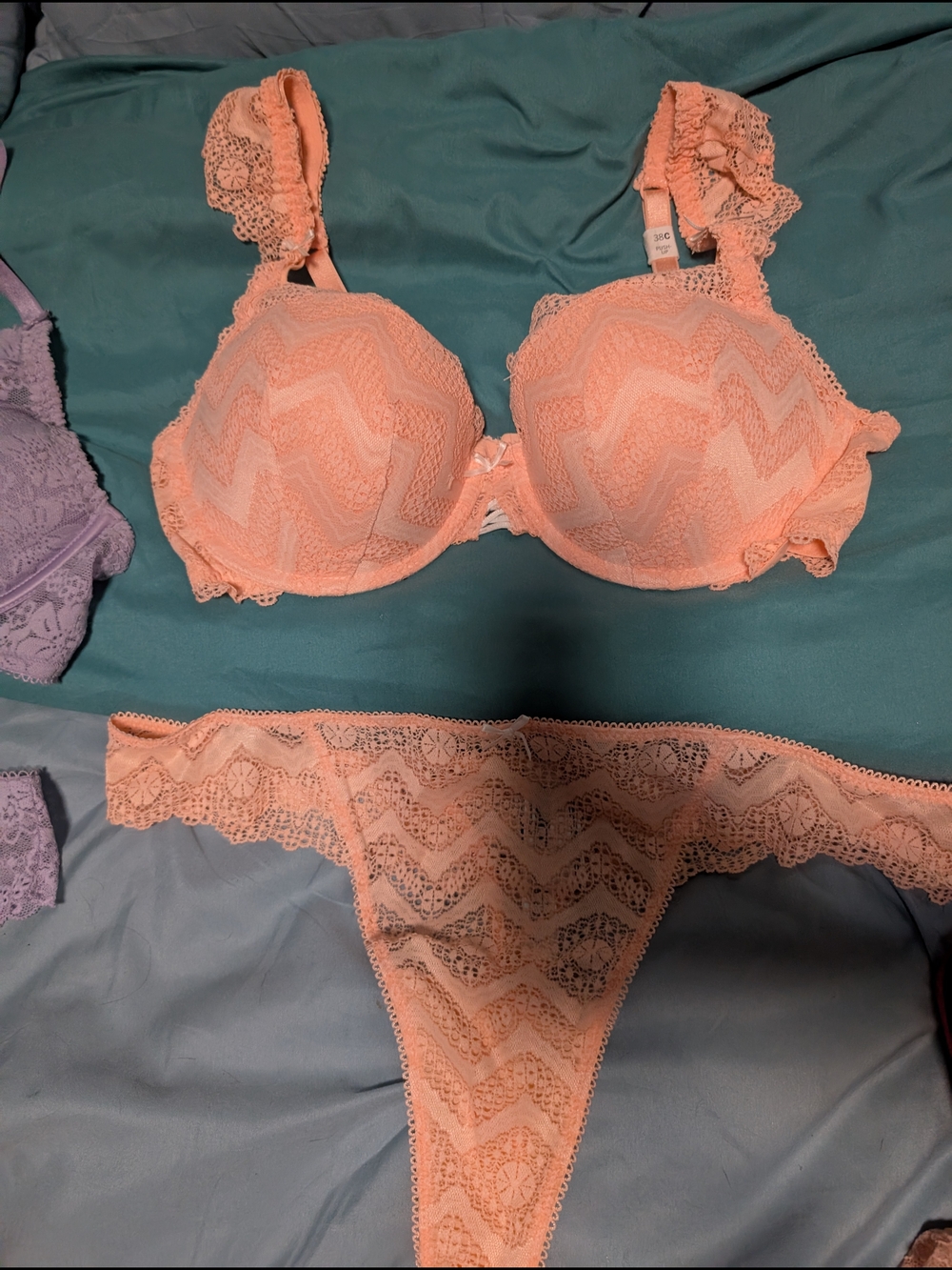 Victoria's Secret Peach Lace Chevron Push-Up  Balconette Bra 38C & Thong L Set